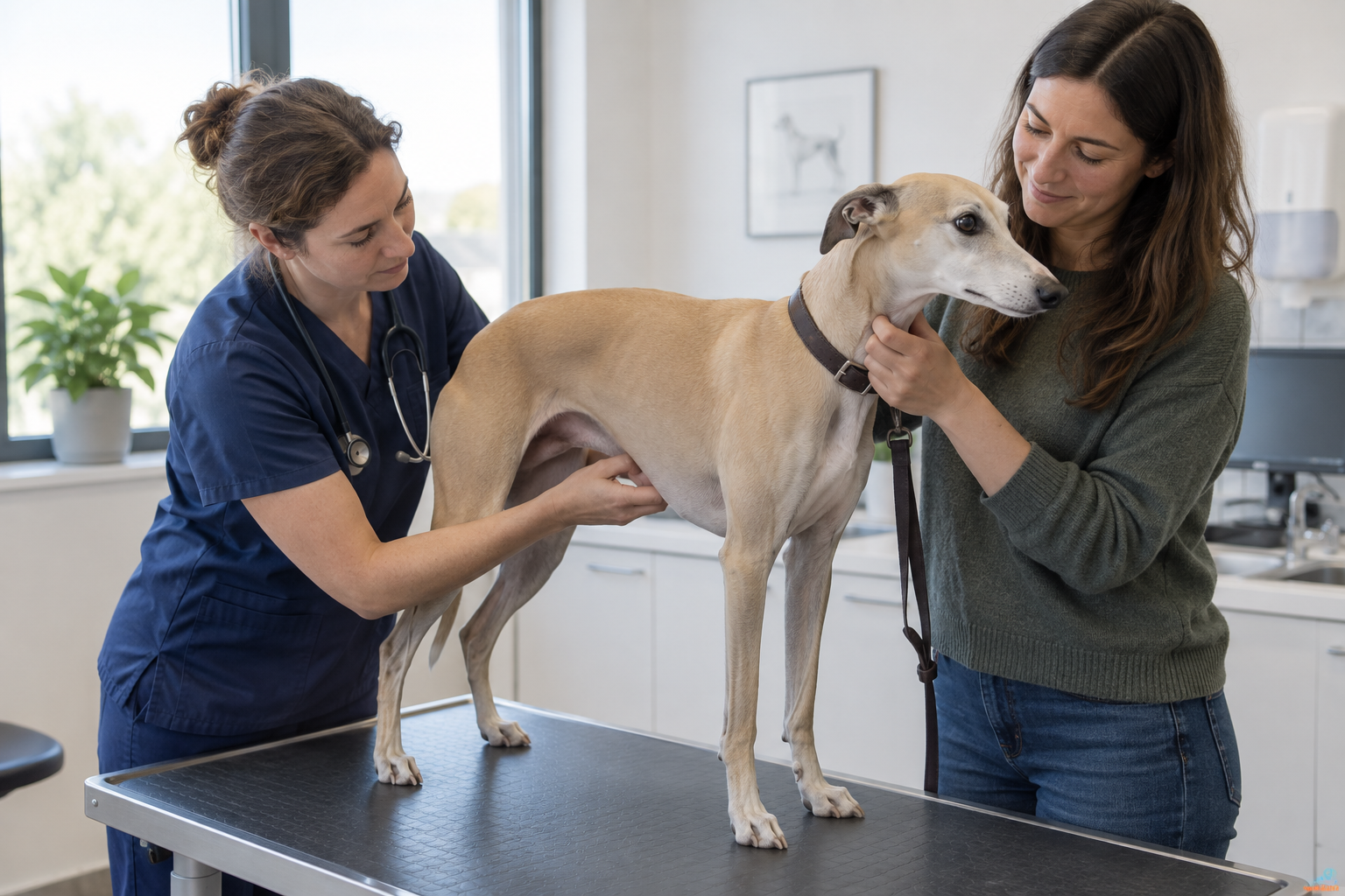 Veterinárka vyšetruje brucho psa po vracaní krvi